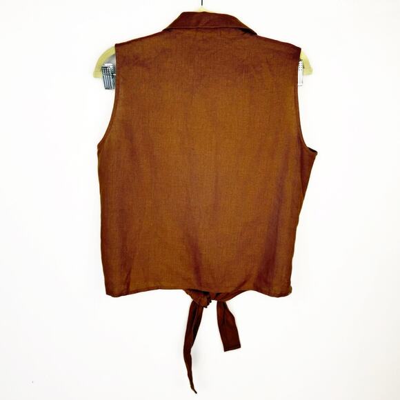 NWT Cali Cali Brown Sleeveless Collared Linen Front Tie Button Up Top Sz Large - Picture 2 of 8